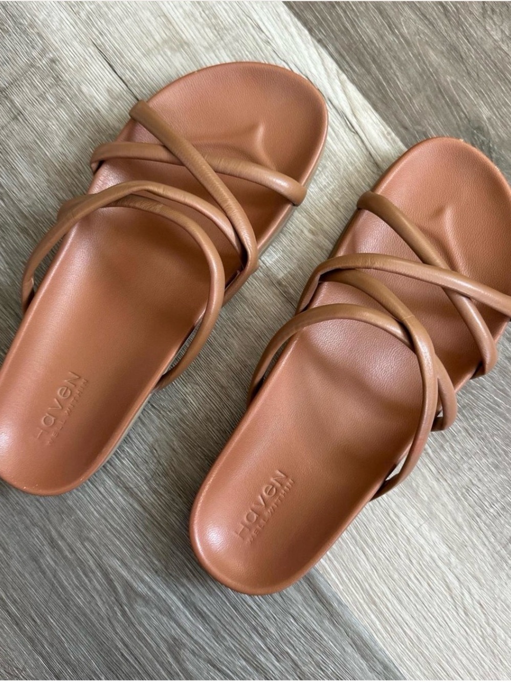 Have Tan Cross-Strap Slide Sandals